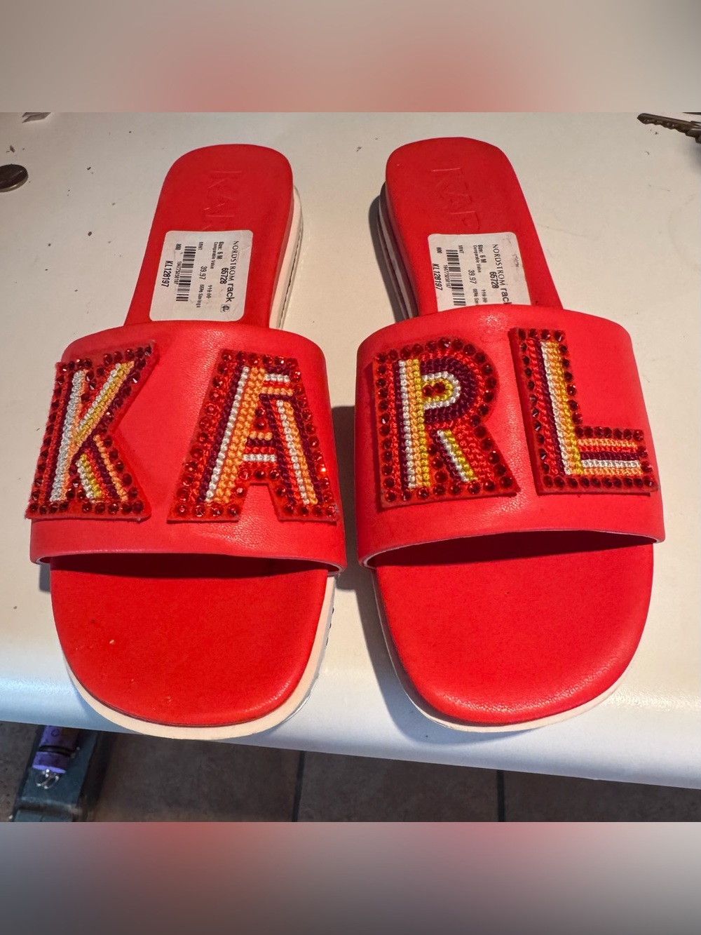 Nordstrom Red Embellished Slide Sandals with Beaded Detail